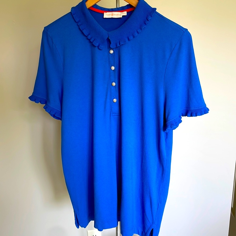 Tory Burch Ruffle Neck Blue Polo Too size XL